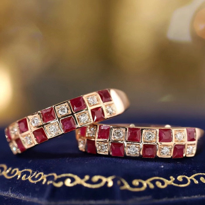 Vintage Ruby Diamond Checker Ring, 18K Solid Gold Ruby and Diamond Band, gift for her