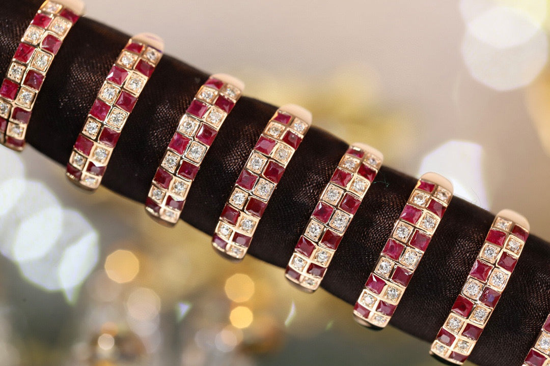 Vintage Ruby Diamond Checker Ring, 18K Solid Gold Ruby and Diamond Band, gift for her