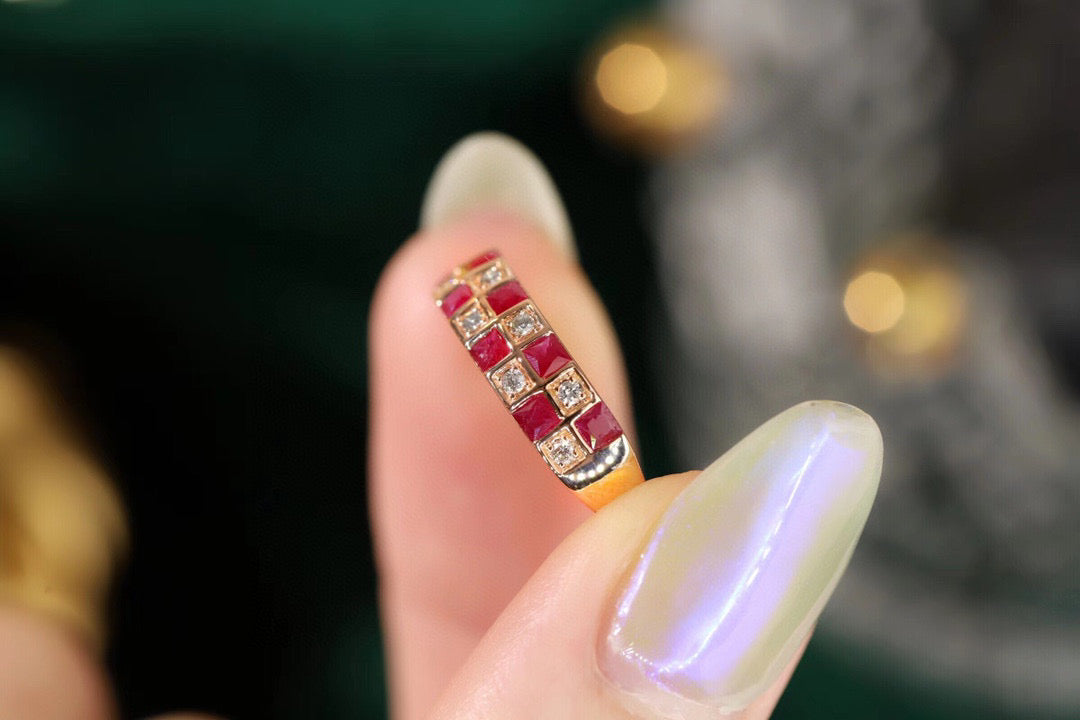 Vintage Ruby Diamond Checker Ring, 18K Solid Gold Ruby and Diamond Band, gift for her