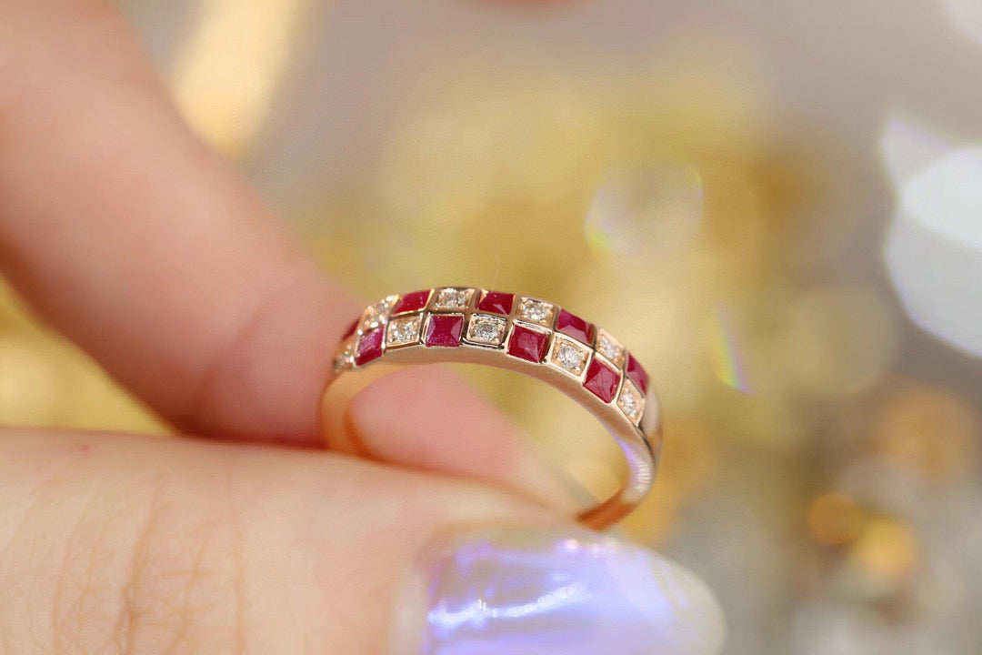 Vintage Ruby Diamond Checker Ring, 18K Solid Gold Ruby and Diamond Band, gift for her