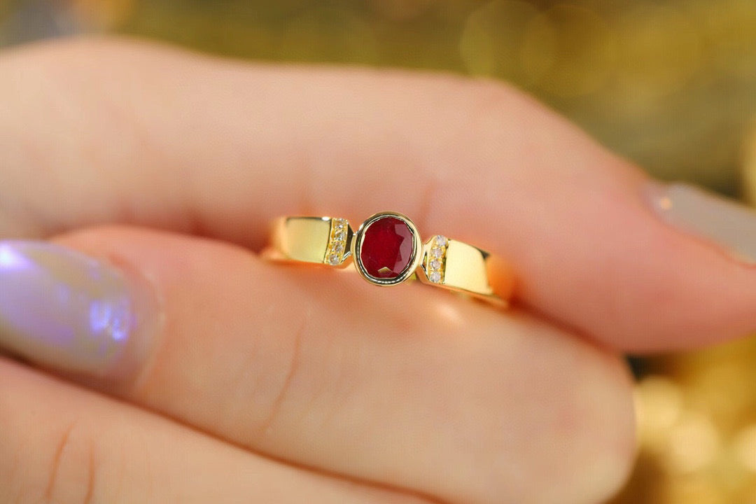 Vintage Ruby Diamond Band,18K Solid Gold Ruby and Diamond Ring