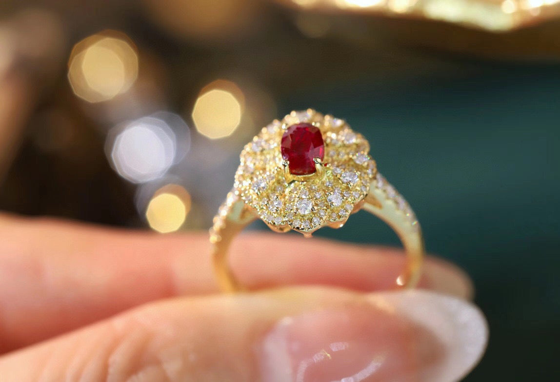 Fancy Ruby Diamond Flower Ring, 18K Solid Gold Ruby Diamond Ring