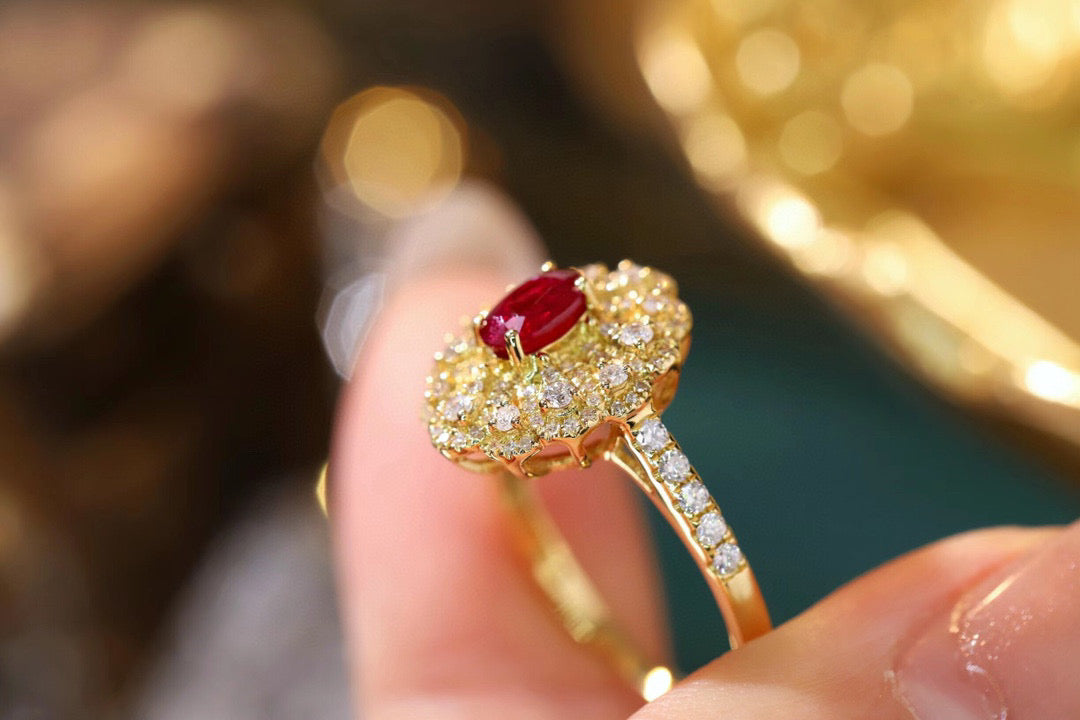 Fancy Ruby Diamond Flower Ring, 18K Solid Gold Ruby Diamond Ring