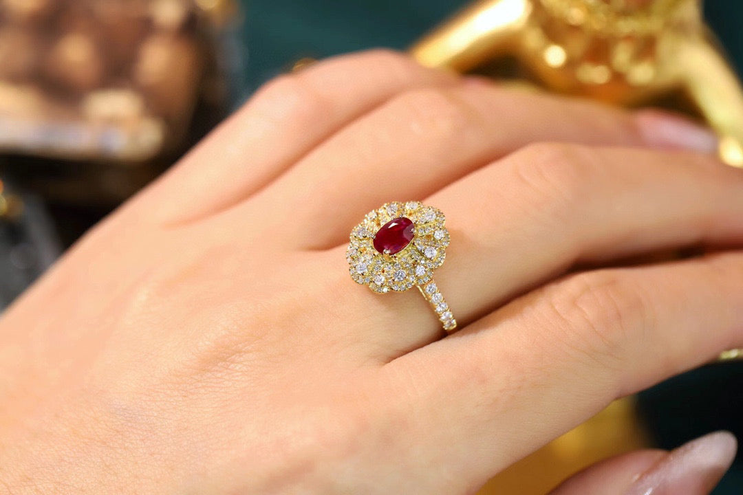 Fancy Ruby Diamond Flower Ring, 18K Solid Gold Ruby Diamond Ring
