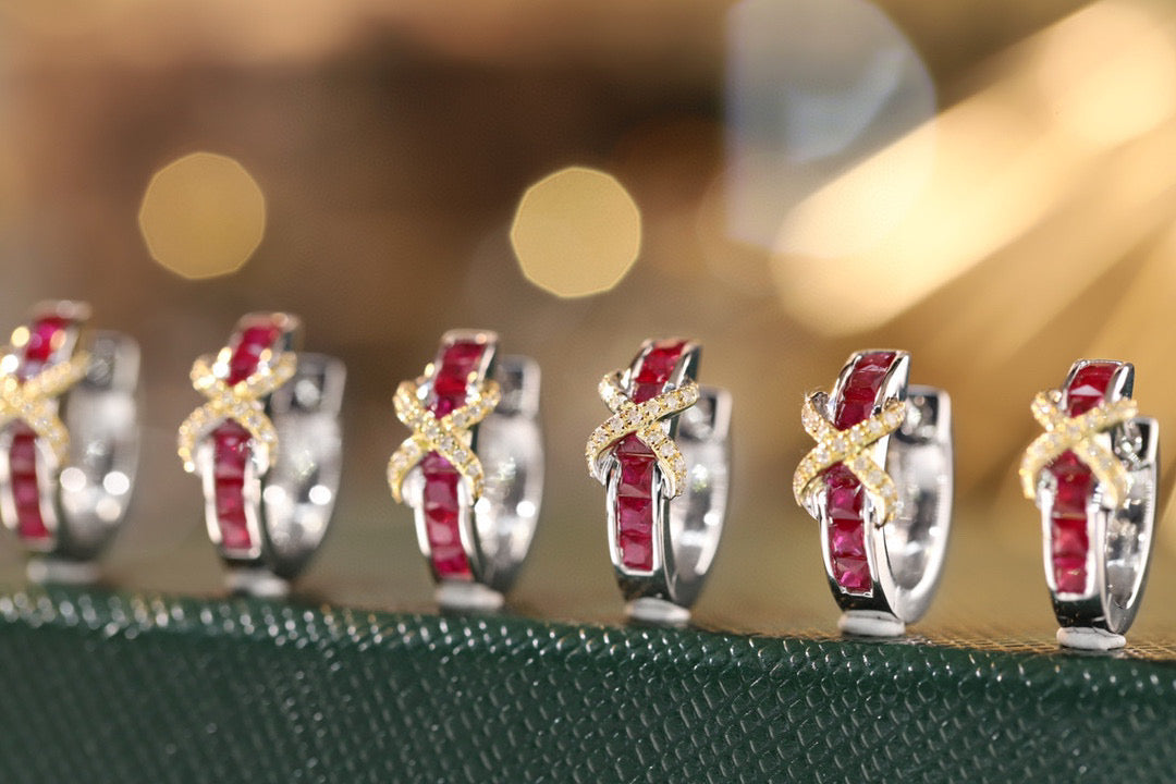 18K Solid Gold Ruby Diamond Hoop Earrings