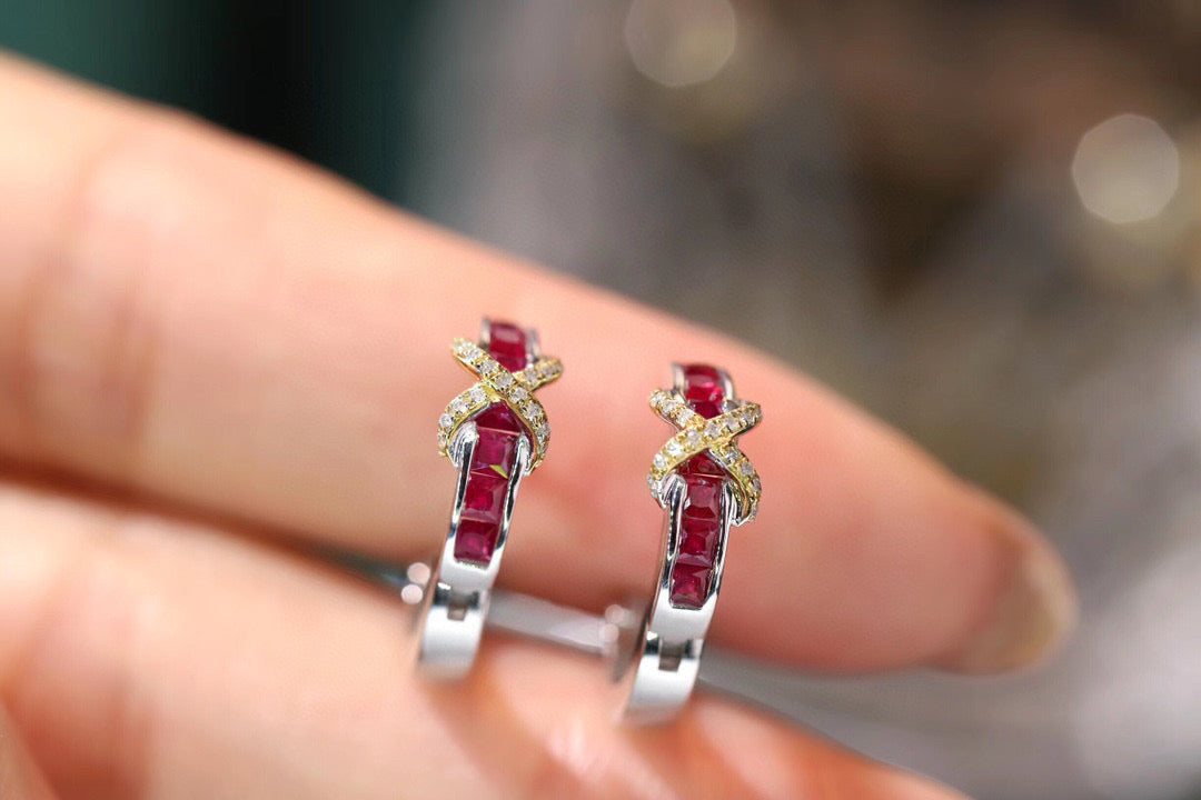 18K Solid Gold Ruby Diamond Hoop Earrings