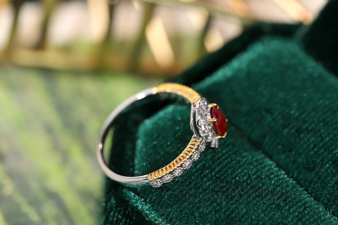 Art Deco 18K Solid Gold Ruby Diamond Ring