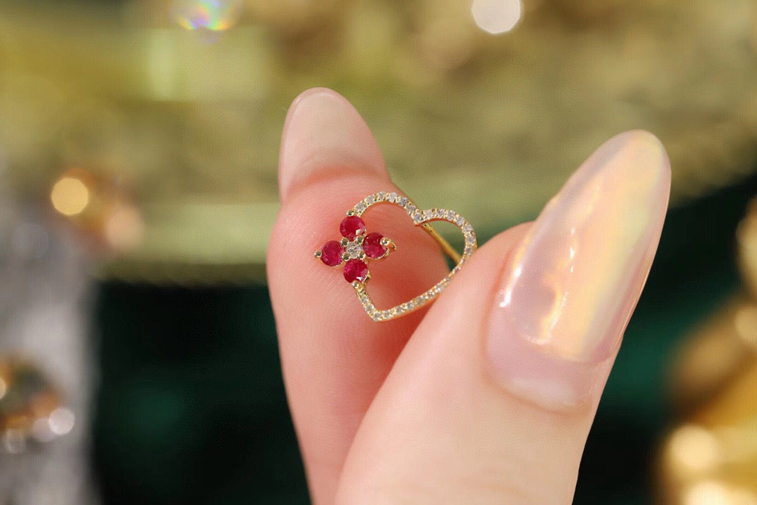 Heart Ruby Diamond Earrings, 18K Solid Gold Ruby Diamond Heart Clover Stud Earrings
