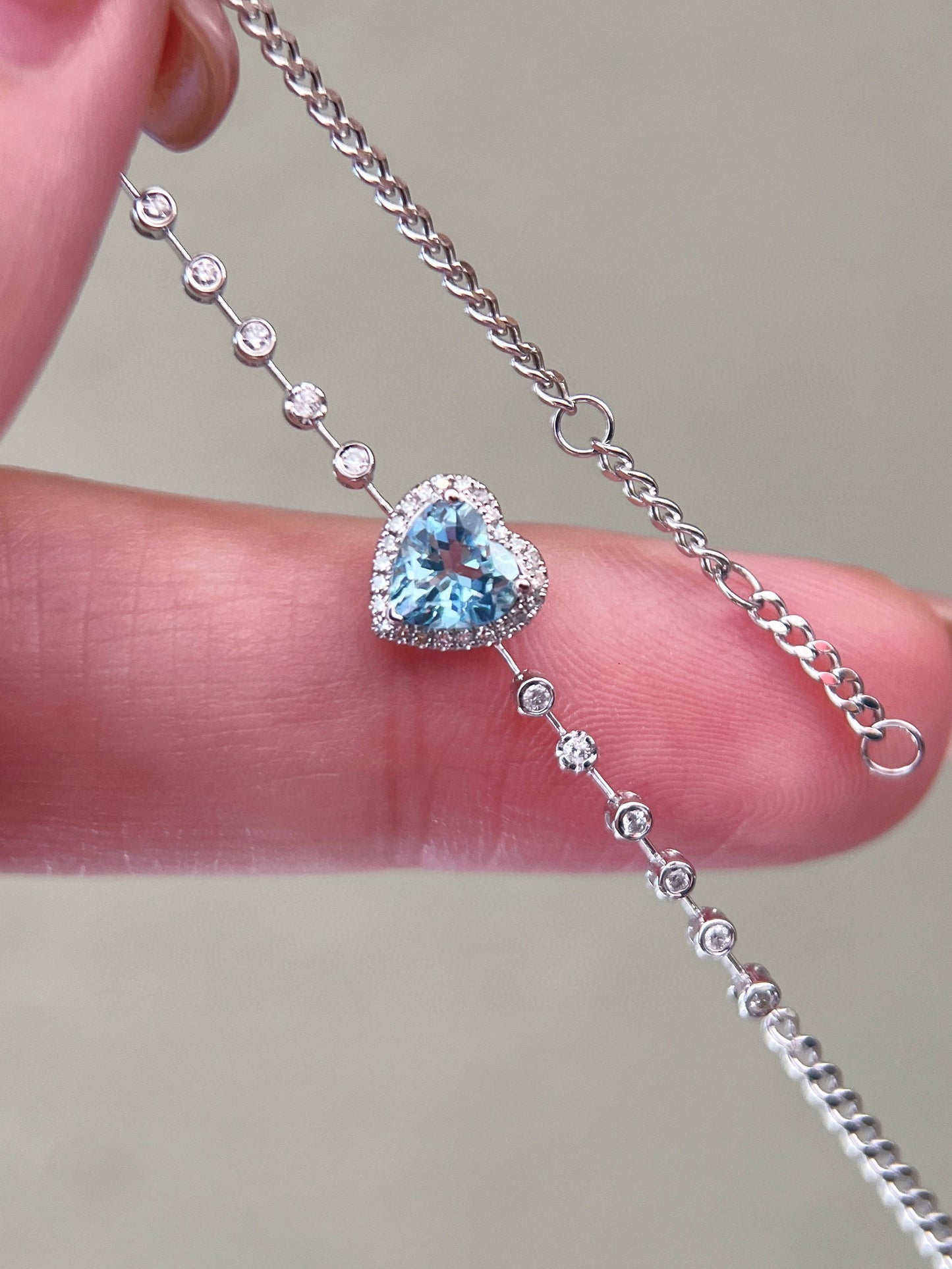 18K Solid gold Aquamarine Diamond Heart bracelet