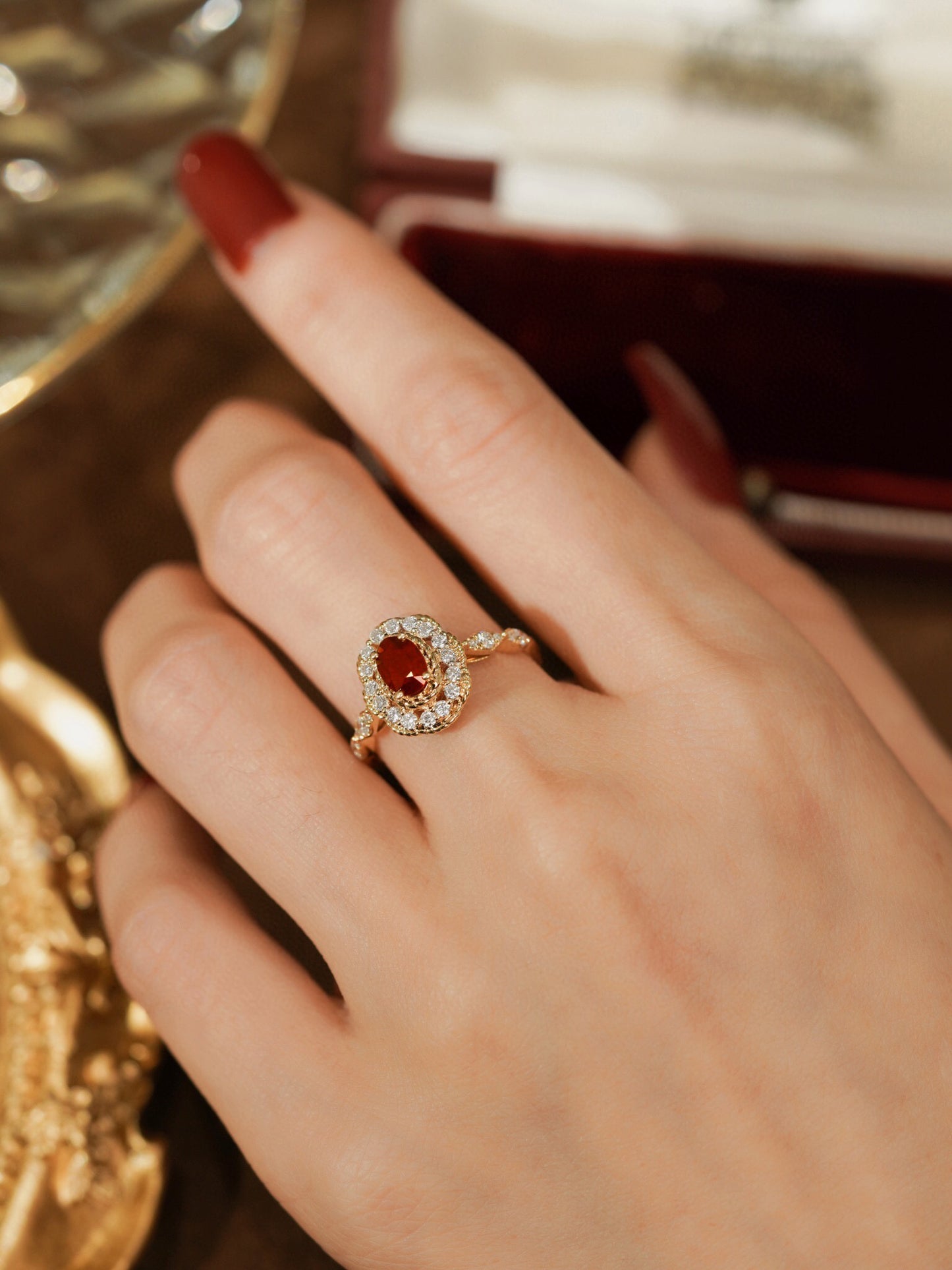Art Deco 18K Solid Gold Ruby Diamond Ring