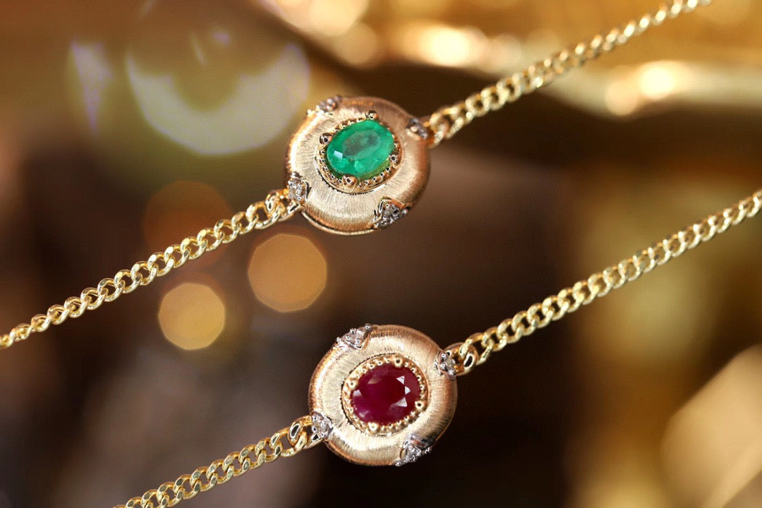 Art Deco 18K Solid Gold Genuine Ruby , Emerald Cuban chain Bracelet /Bridal Bracelet/Wedding ,engagement K gold Ruby Bracelet/Gift for her