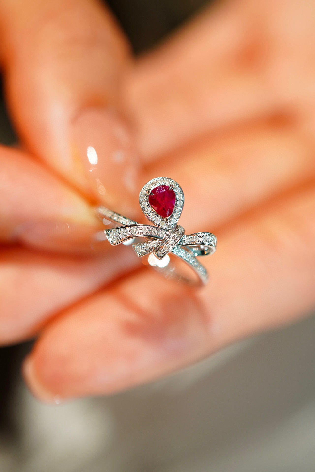 Sweet Bow Ruby Diamond Ring, 18K Solid Gold Ruby Diamond Ring