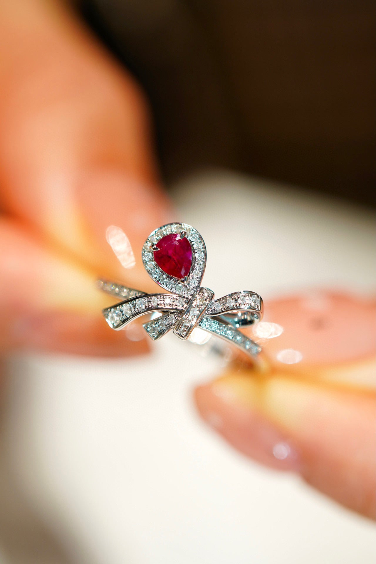 Sweet Bow Ruby Diamond Ring, 18K Solid Gold Ruby Diamond Ring