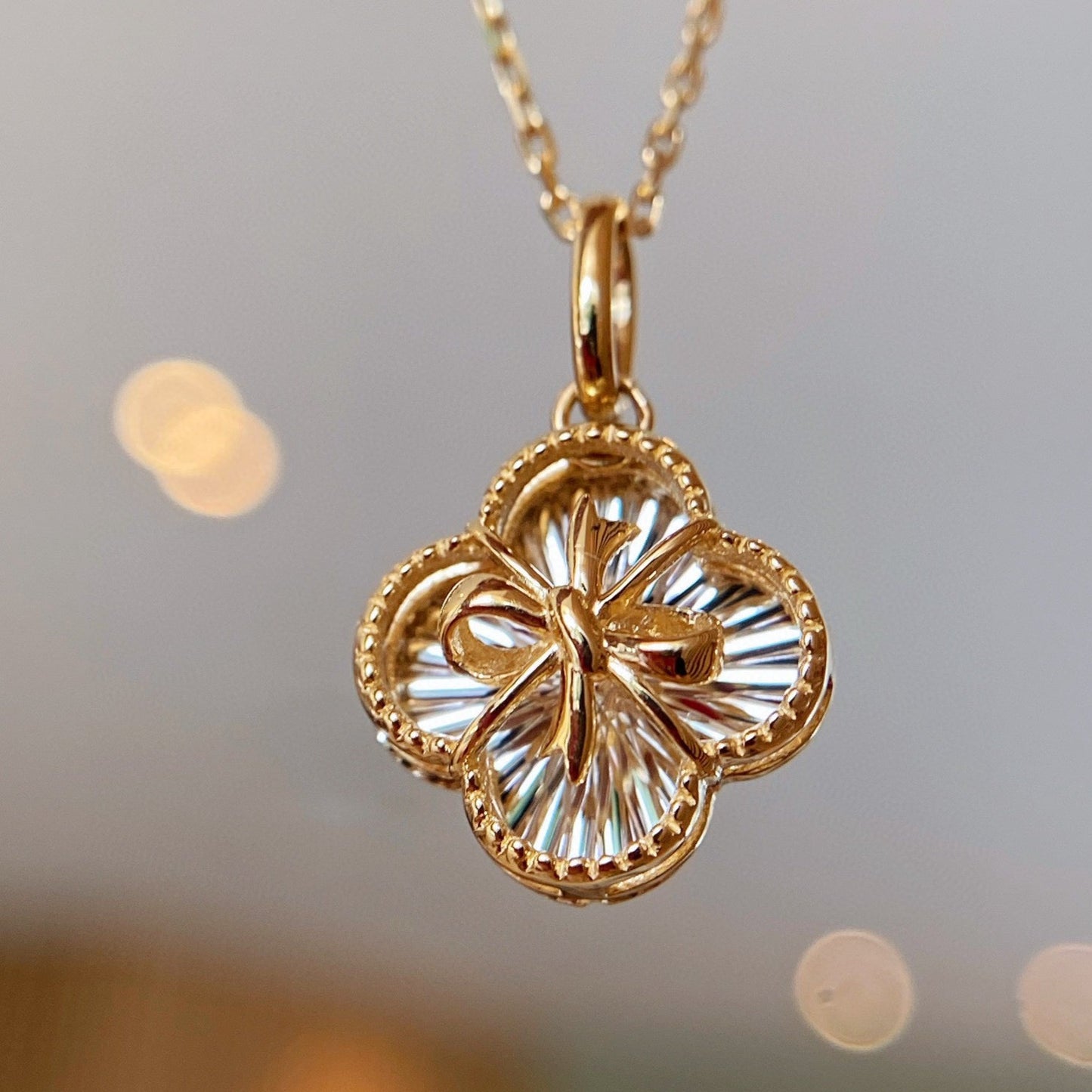 Lucky Four Leaf Flower Pendant/18K Solid Gold Clover Pendant/Real Gold Pendant