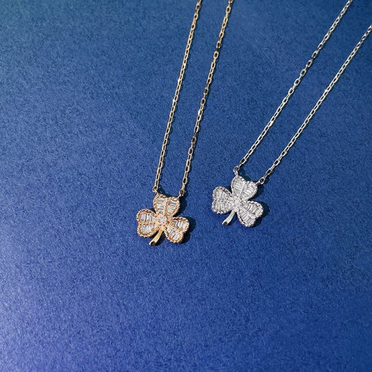Vintage 18K Solid Gold Full Diamond Three Leaf Clover Pendant Necklace
