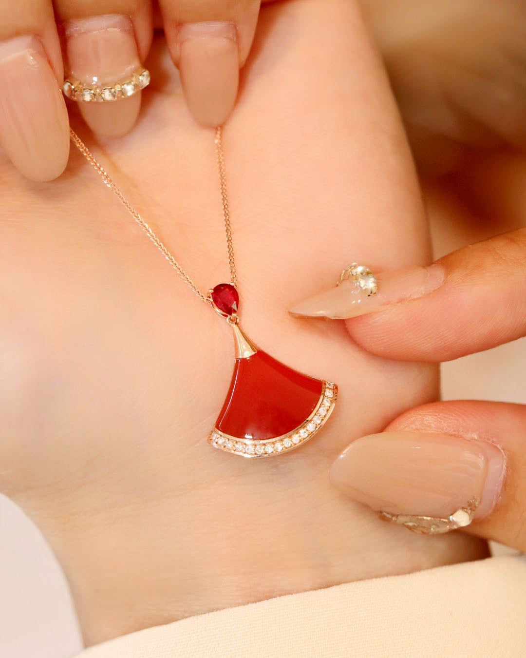 Vintage 18K Solid Gold Genuine Ruby Diamond Skirt Pendant Necklace