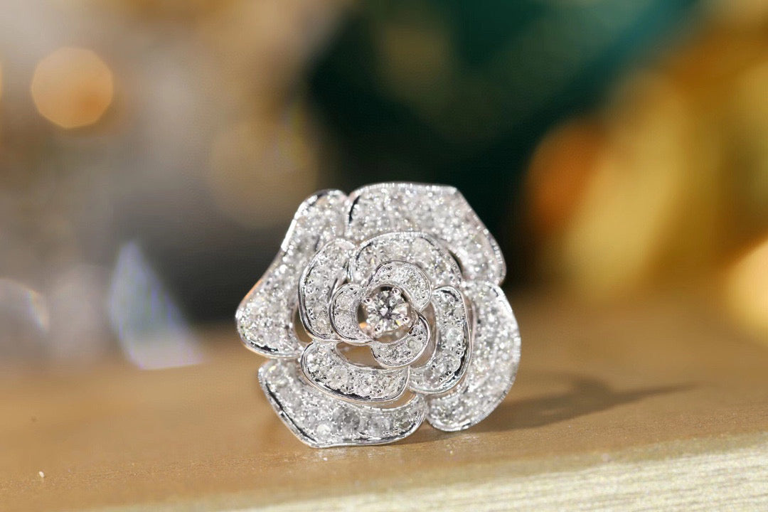 Vintage 18K Solid Gold Full Diamond Rose Ring, Wedding Band