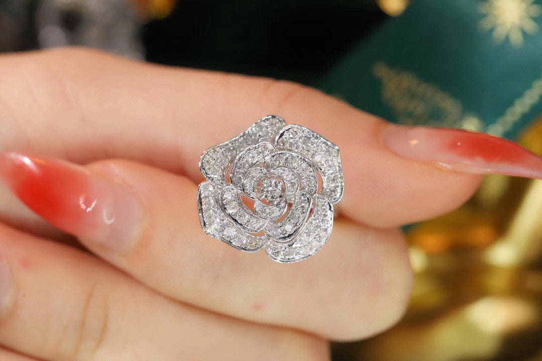 Vintage 18K Solid Gold Full Diamond Rose Ring, Wedding Band