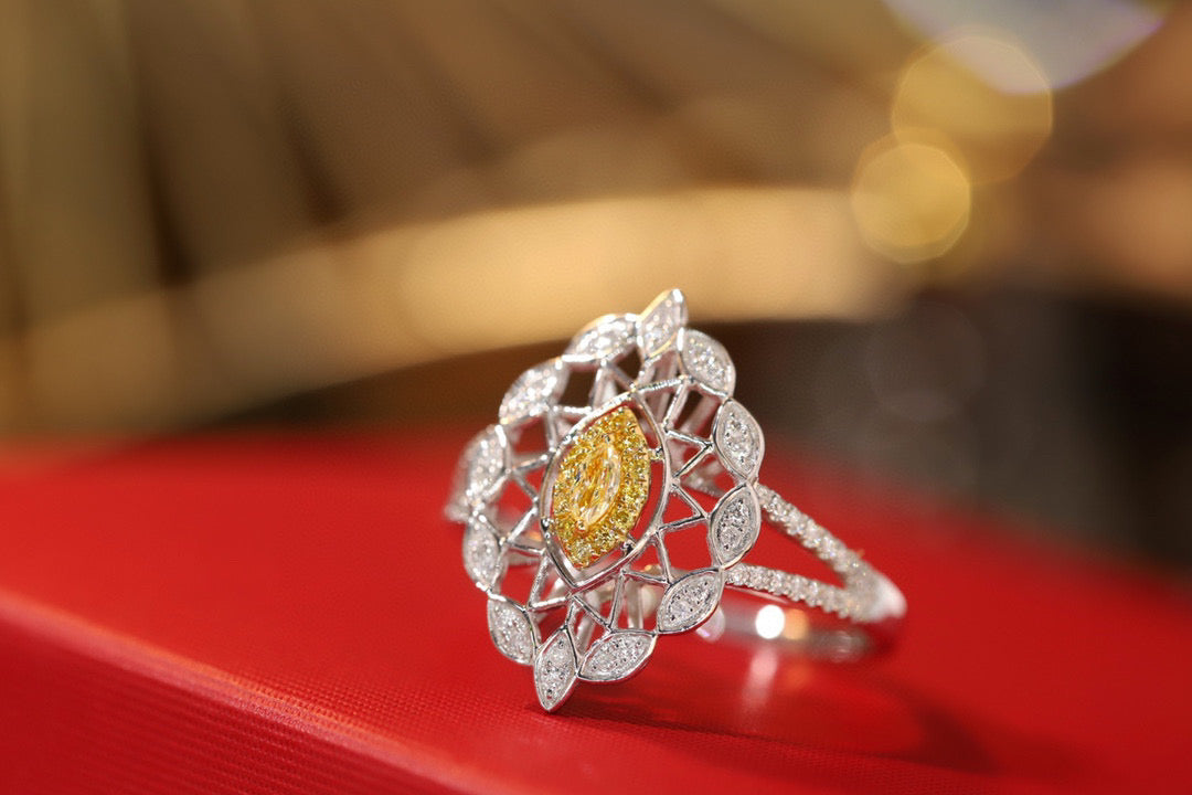 Art Deco 18K Solid Gold Yellow Diamond Ring, Wedding ring