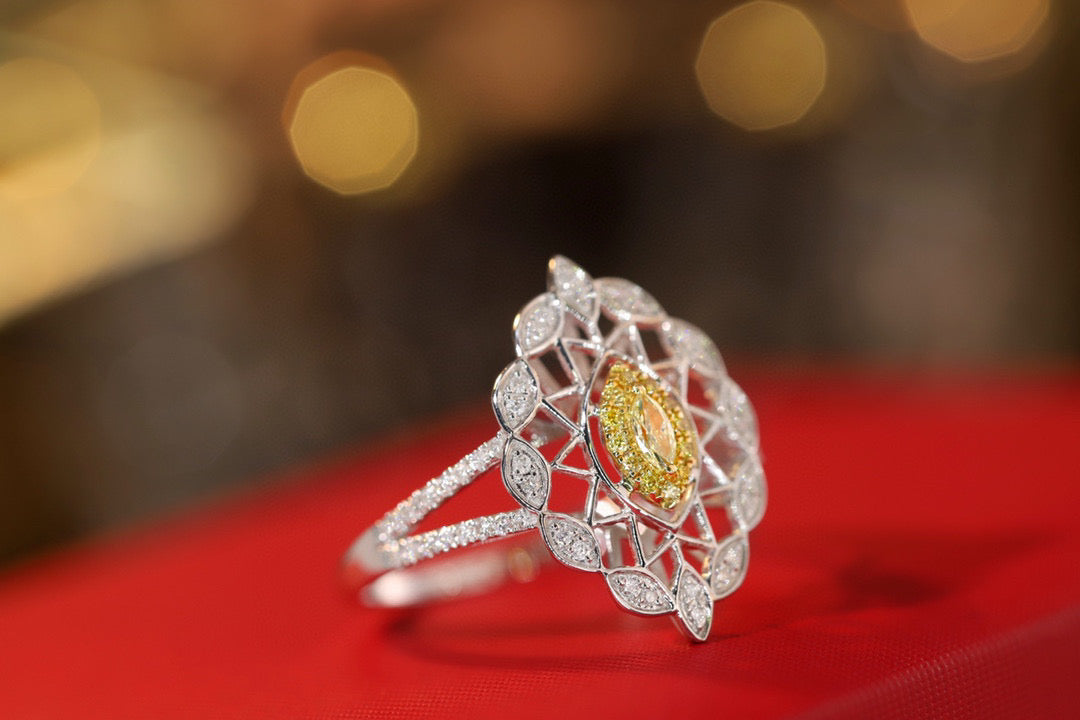 Art Deco 18K Solid Gold Yellow Diamond Ring, Wedding ring