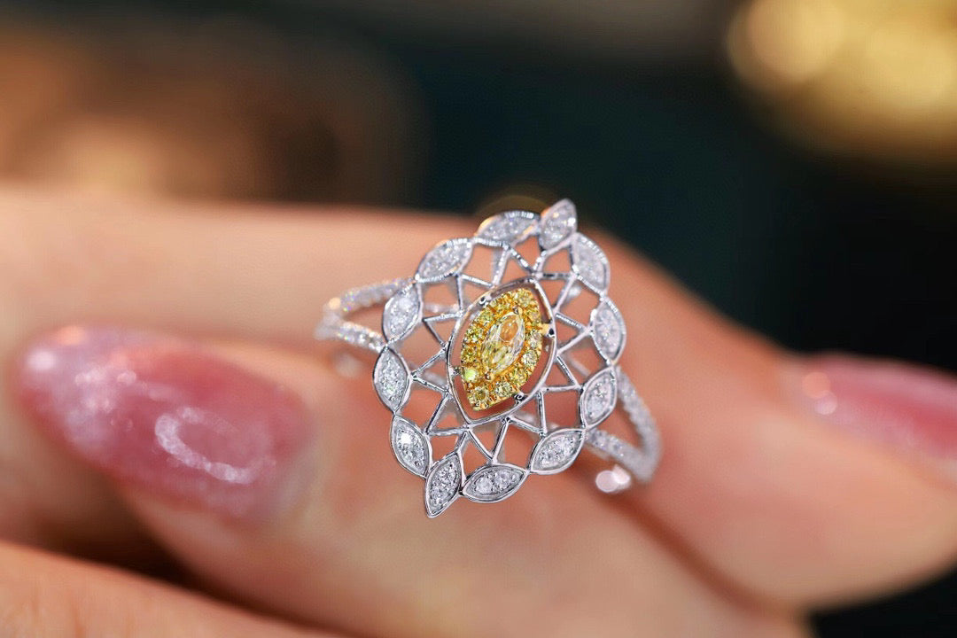 Art Deco 18K Solid Gold Yellow Diamond Ring, Wedding ring