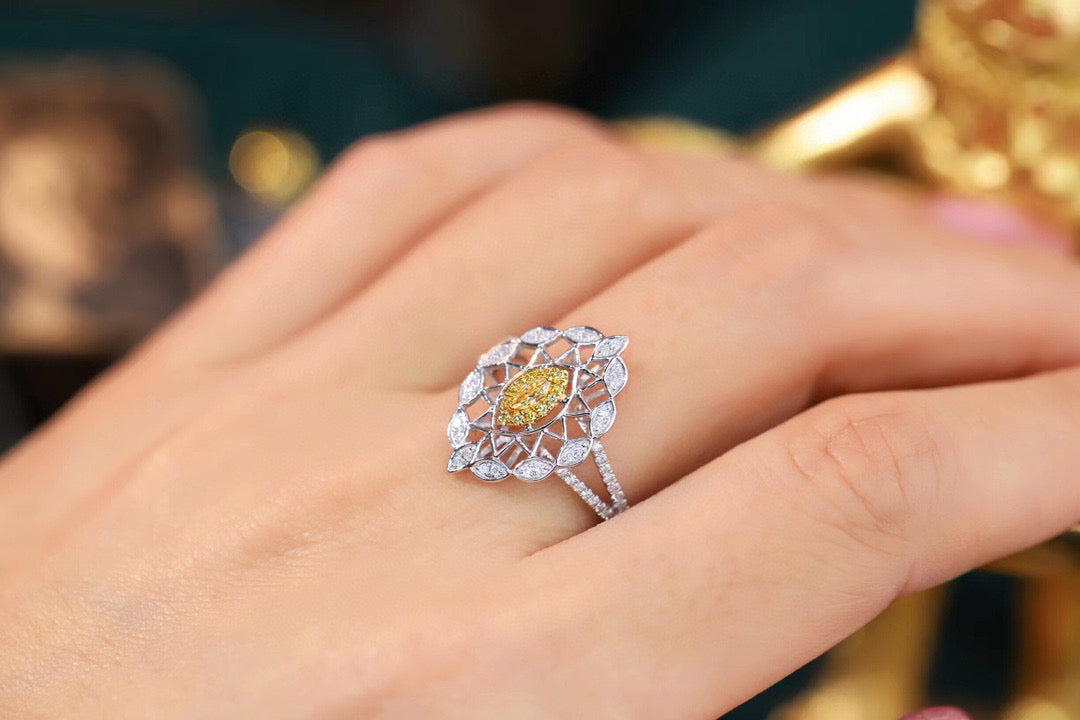 Art Deco 18K Solid Gold Yellow Diamond Ring, Wedding ring