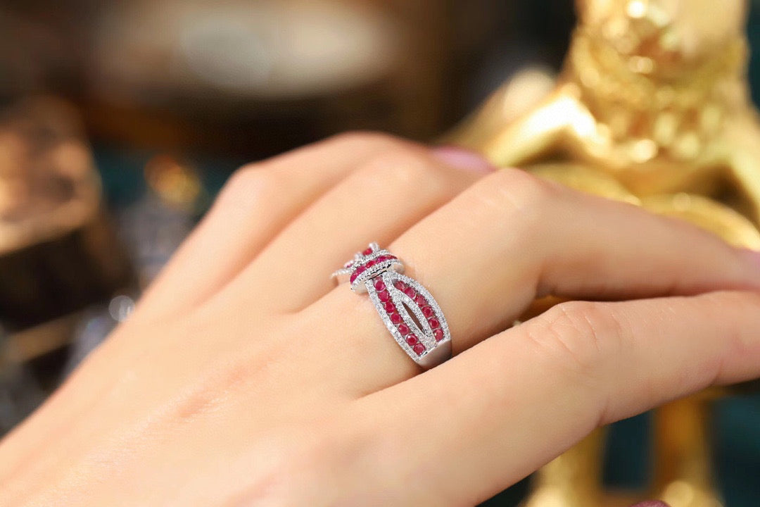 Art Deco 18K Solid Gold Ruby Diamond Bow Band, Engagement Ring, gift for her