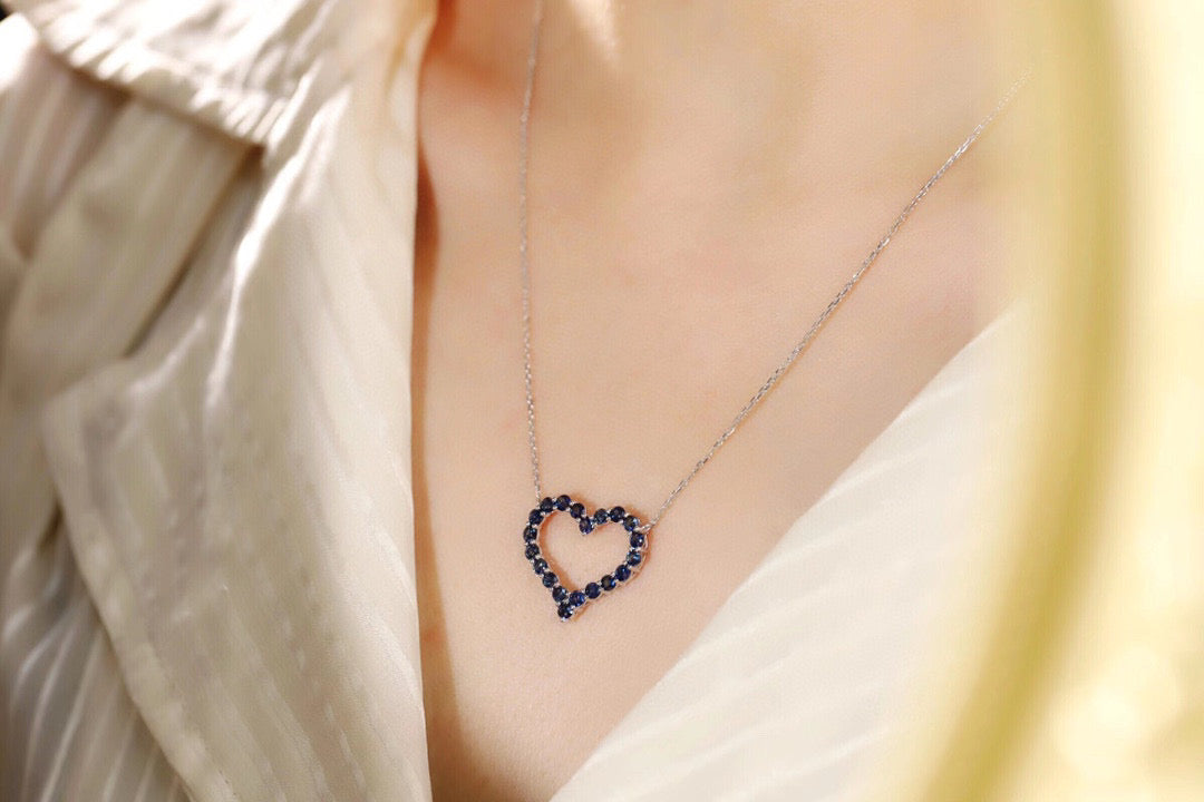 Classic 18K Solid Gold Natural Ruby Heart Necklace, Sapphire Heart Necklace