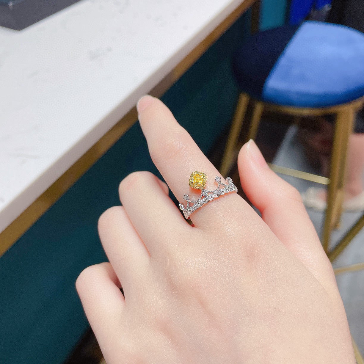 Vintage 18K Solid Gold Yellow Diamond Crown Ring, Wedding Ring