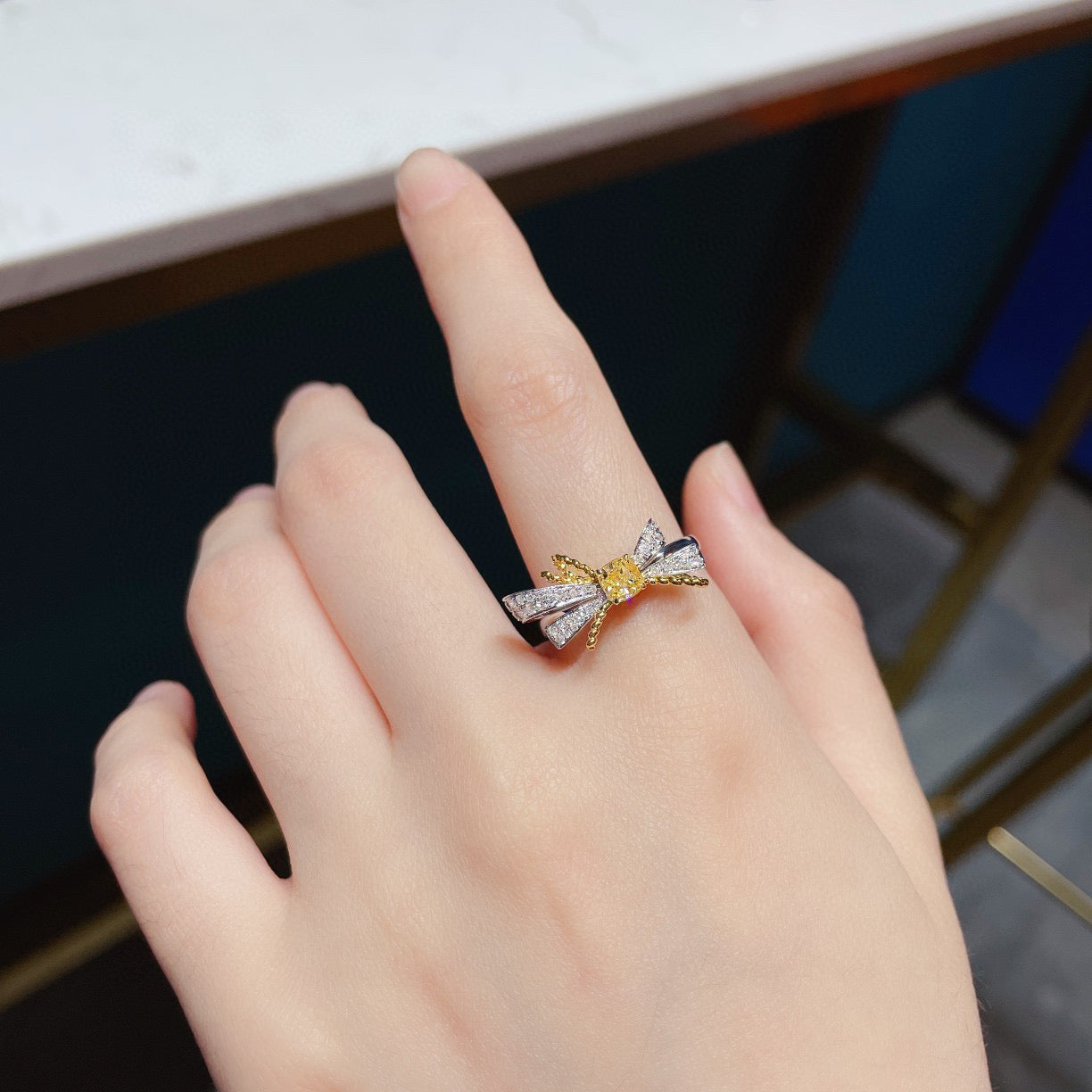 Vintage 18K Solid Gold Yellow Diamond Bow Ring, Wedding Ring