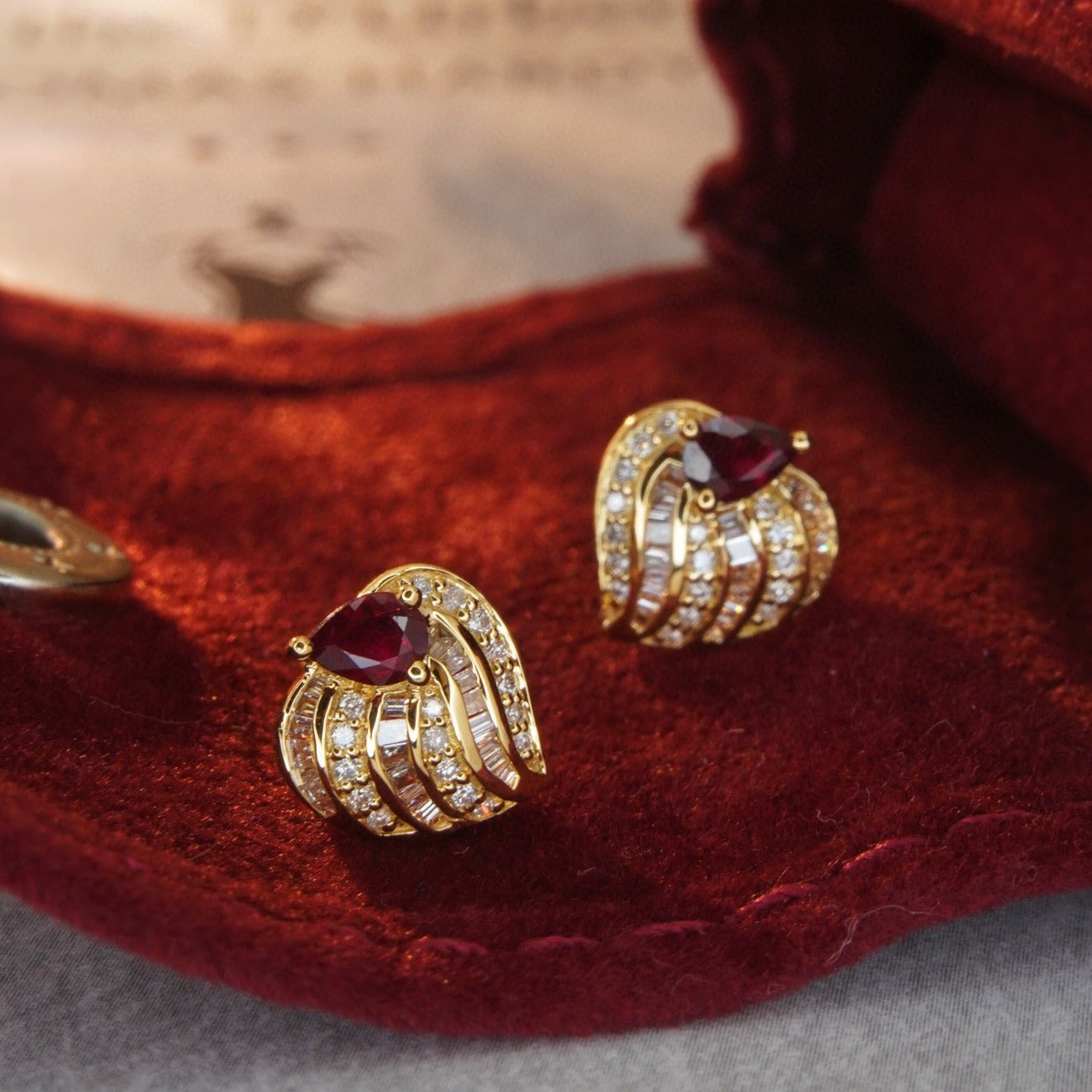 Vintage 18K Solid Gold Diamond and Ruby Heart Earrings, Full Diamond Earrings