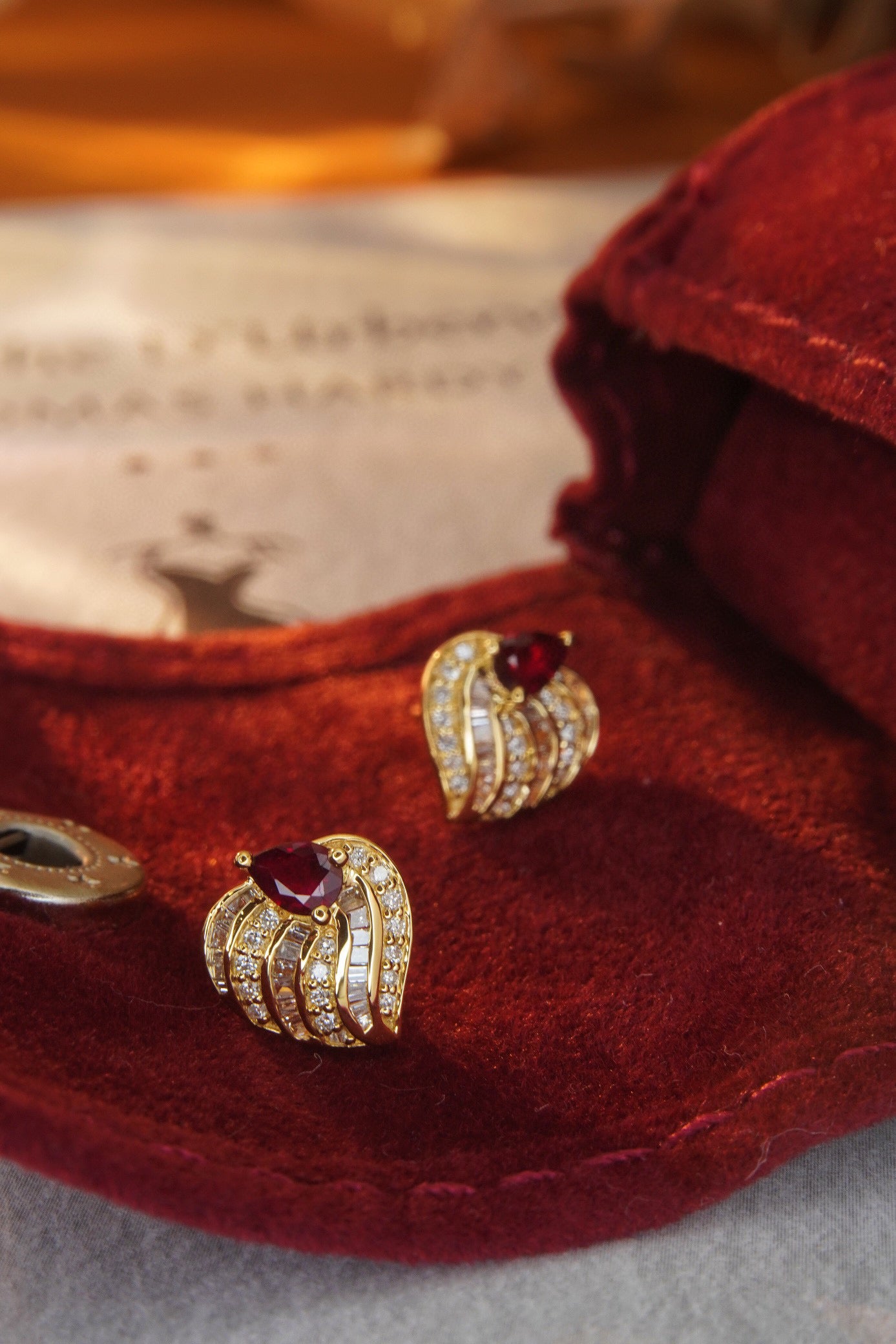Vintage 18K Solid Gold Diamond and Ruby Heart Earrings, Full Diamond Earrings