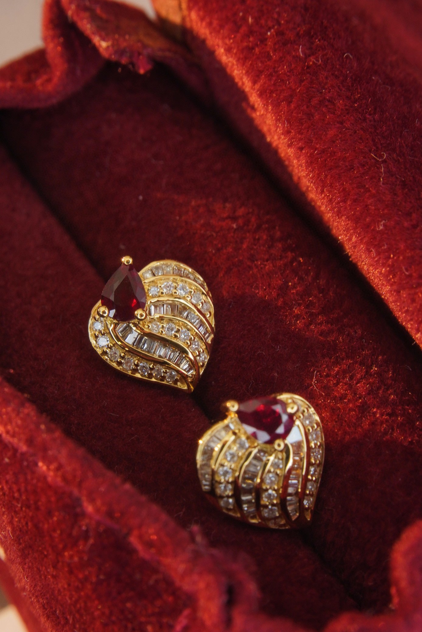 Vintage 18K Solid Gold Diamond and Ruby Heart Earrings, Full Diamond Earrings