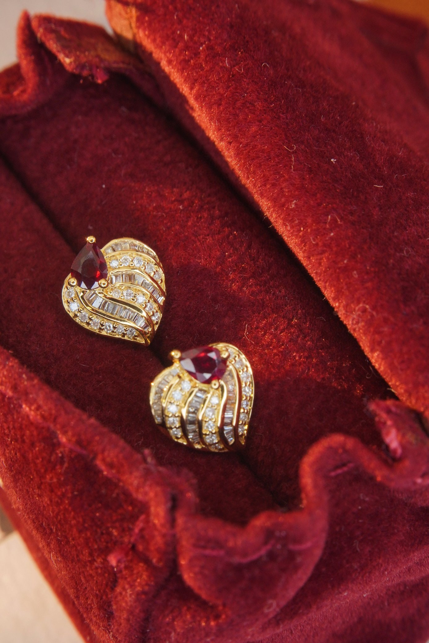 Vintage 18K Solid Gold Diamond and Ruby Heart Earrings, Full Diamond Earrings