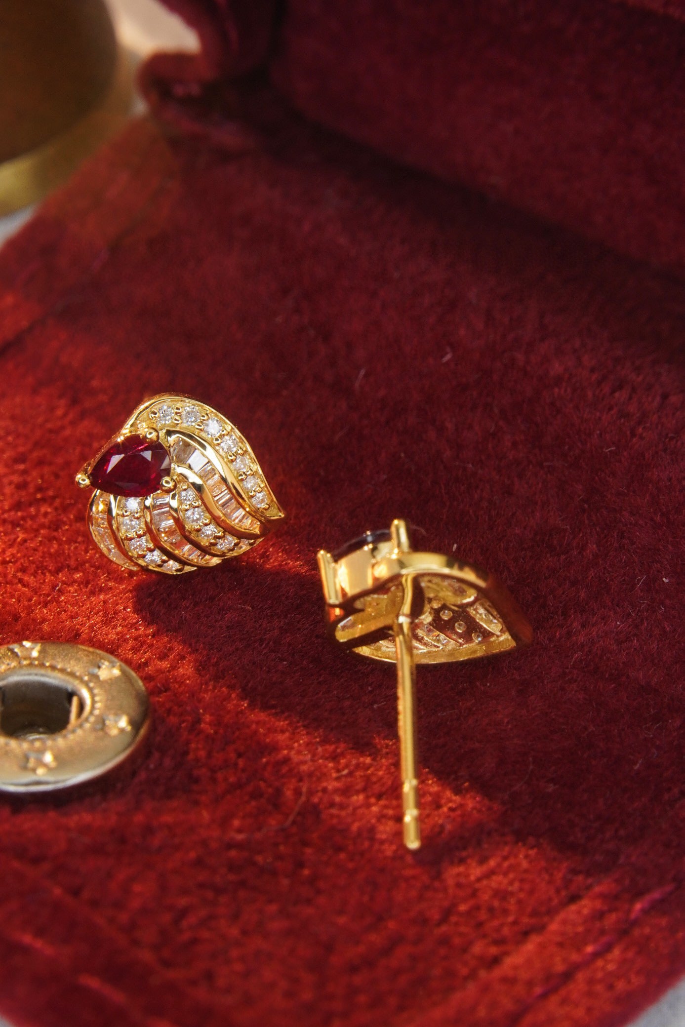 Vintage 18K Solid Gold Diamond and Ruby Heart Earrings, Full Diamond Earrings