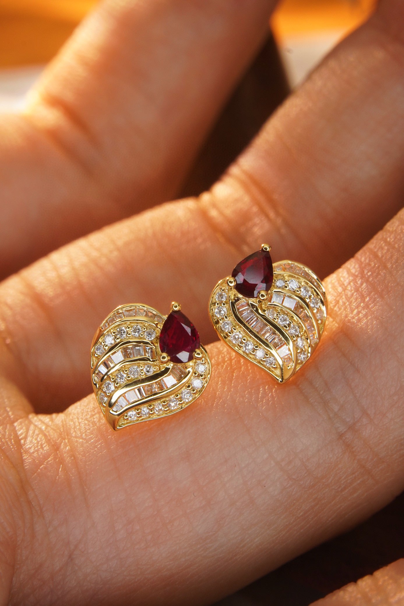 Vintage 18K Solid Gold Diamond and Ruby Heart Earrings, Full Diamond Earrings