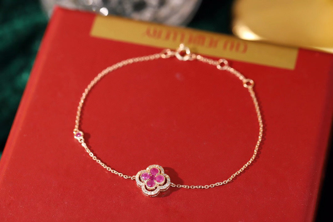 18K Solid Gold Genuine Ruby Diamond Clover Bracelet/Dainty Four leaf clover Adjustable Bracelet/wedding,Anniversary Jewelry/ gift for her