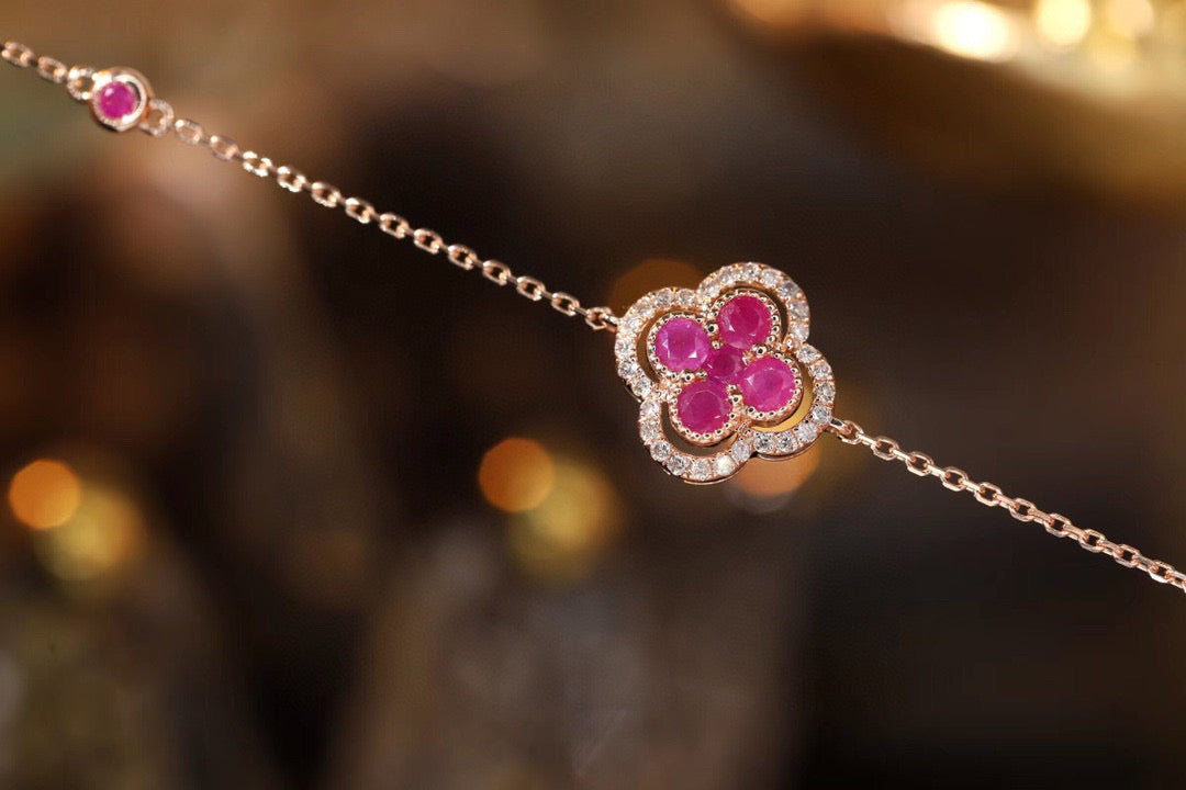 18K Solid Gold Genuine Ruby Diamond Clover Bracelet/Dainty Four leaf clover Adjustable Bracelet/wedding,Anniversary Jewelry/ gift for her