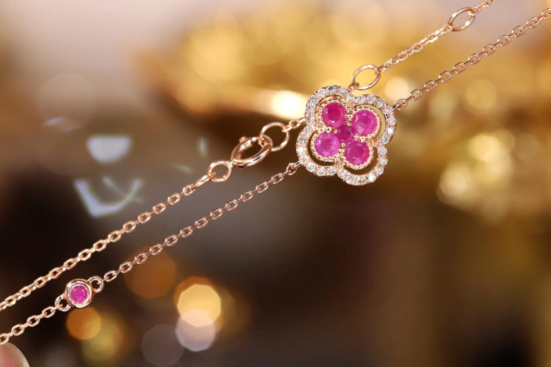 18K Solid Gold Genuine Ruby Diamond Clover Bracelet/Dainty Four leaf clover Adjustable Bracelet/wedding,Anniversary Jewelry/ gift for her