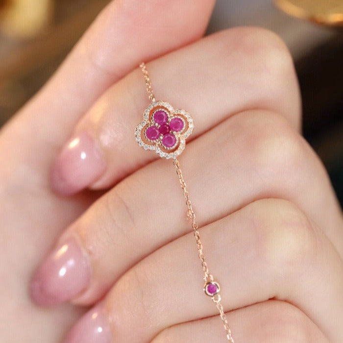 18K Solid Gold Genuine Ruby Diamond Clover Bracelet/Dainty Four leaf clover Adjustable Bracelet/wedding,Anniversary Jewelry/ gift for her