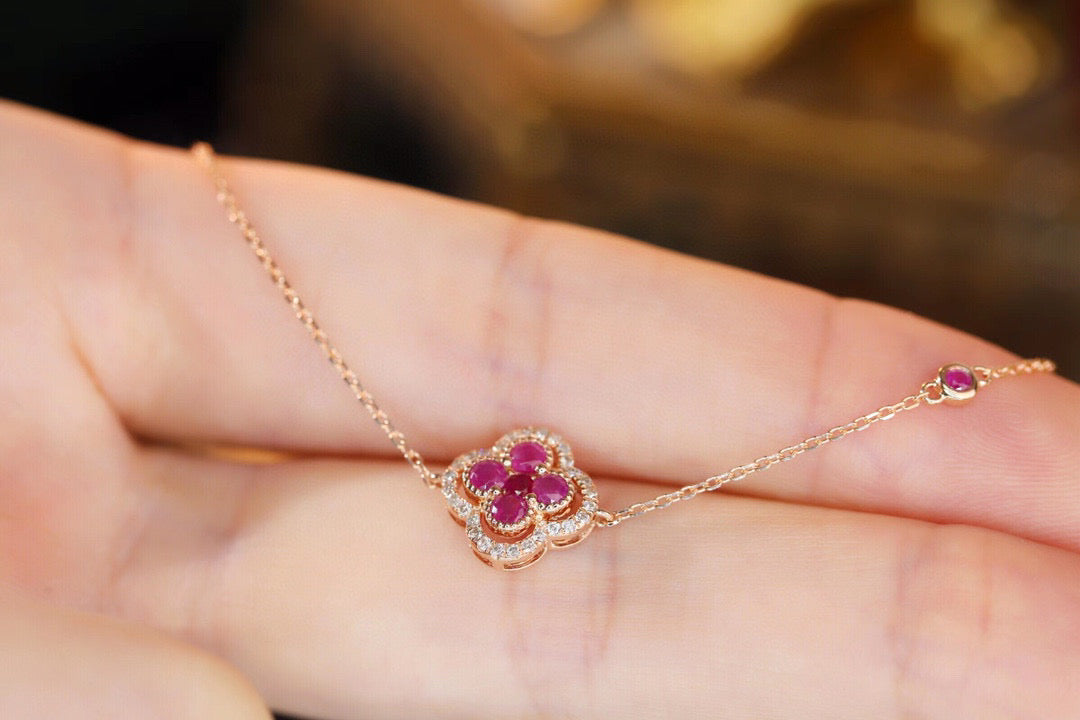 18K Solid Gold Genuine Ruby Diamond Clover Bracelet/Dainty Four leaf clover Adjustable Bracelet/wedding,Anniversary Jewelry/ gift for her