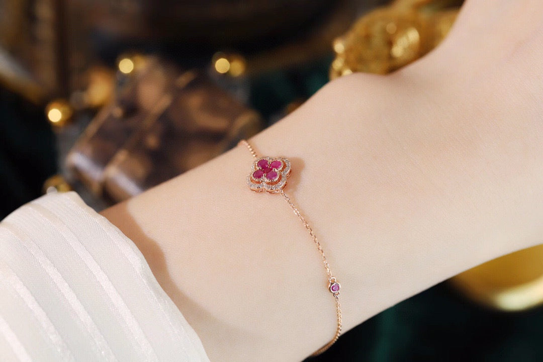 18K Solid Gold Genuine Ruby Diamond Clover Bracelet/Dainty Four leaf clover Adjustable Bracelet/wedding,Anniversary Jewelry/ gift for her