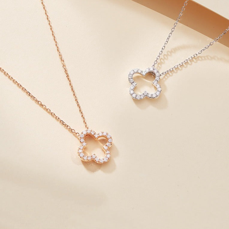 Vintage 18K solid gold Lucky clover Diamond Pendant/Genuine Diamond Four leaf flower Clover Necklace/gift for her/birthday gift