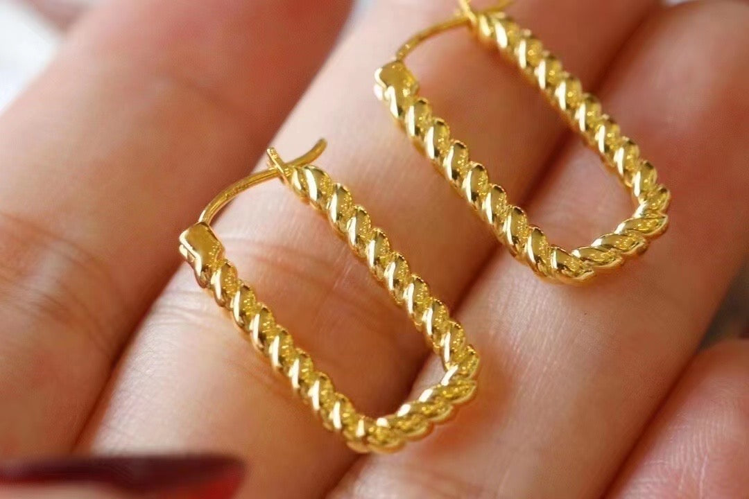 18K Solid Gold Twist Hoop Earrings