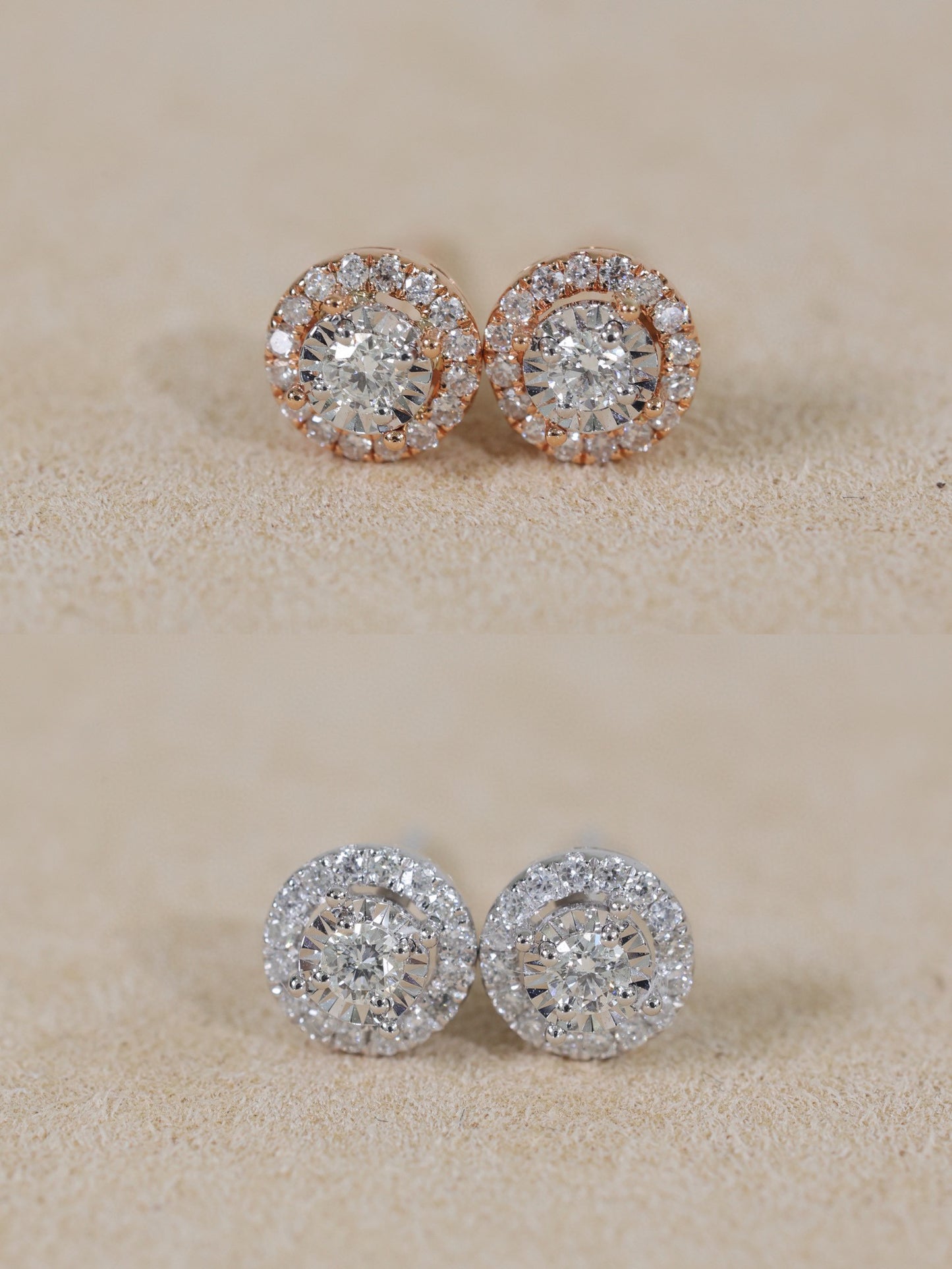 18K Solid Gold Diamond Stud Earrings, Round stud earrings