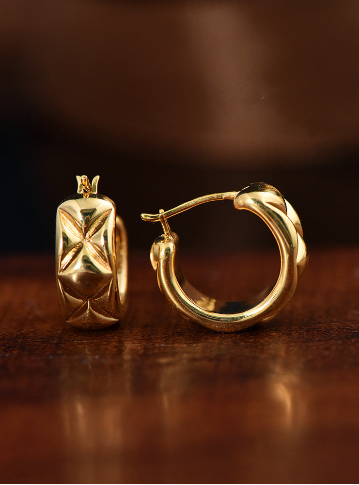 18K Solid Gold Hoop Earrings, 3D Puffy Hoop earrings