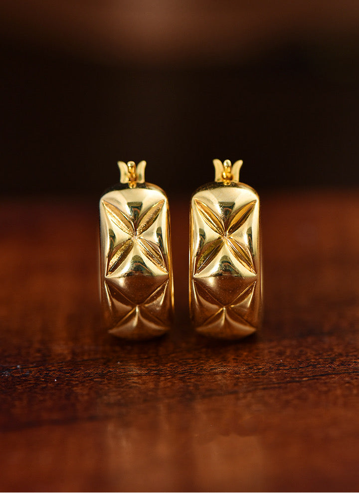 18K Solid Gold Hoop Earrings, 3D Puffy Hoop earrings