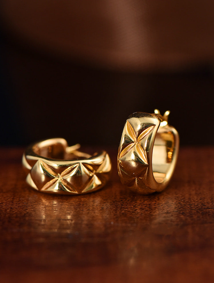 18K Solid Gold Hoop Earrings, 3D Puffy Hoop earrings