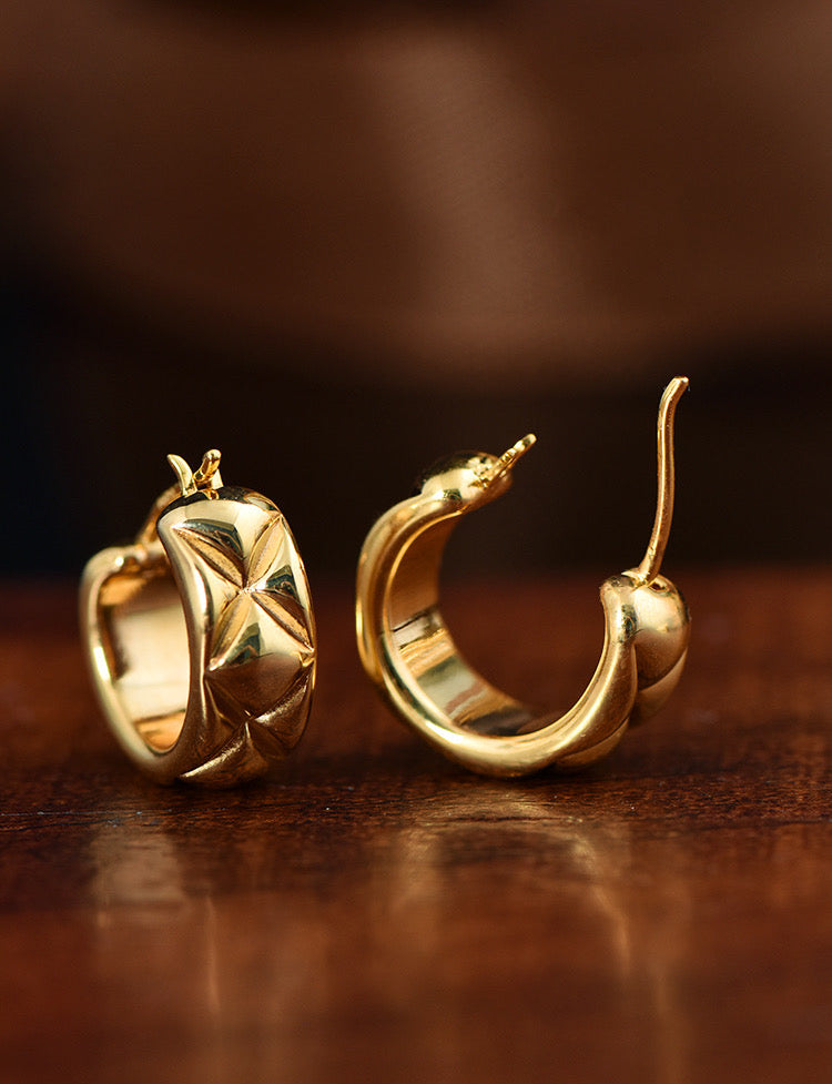 18K Solid Gold Hoop Earrings, 3D Puffy Hoop earrings