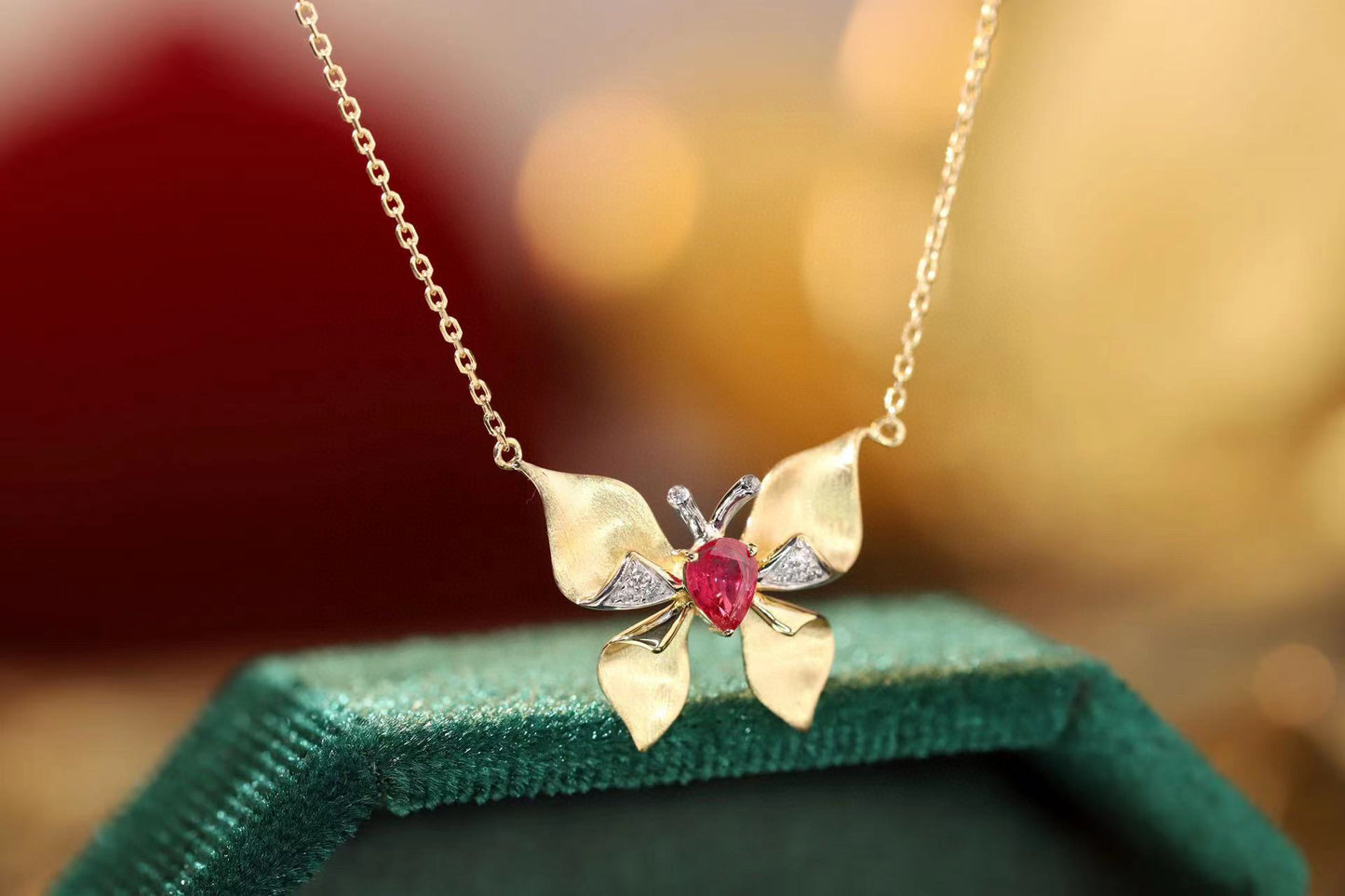 Ruby Butterfly Necklace, 18K Solid Gold Ruby Diamond Butterfly necklace